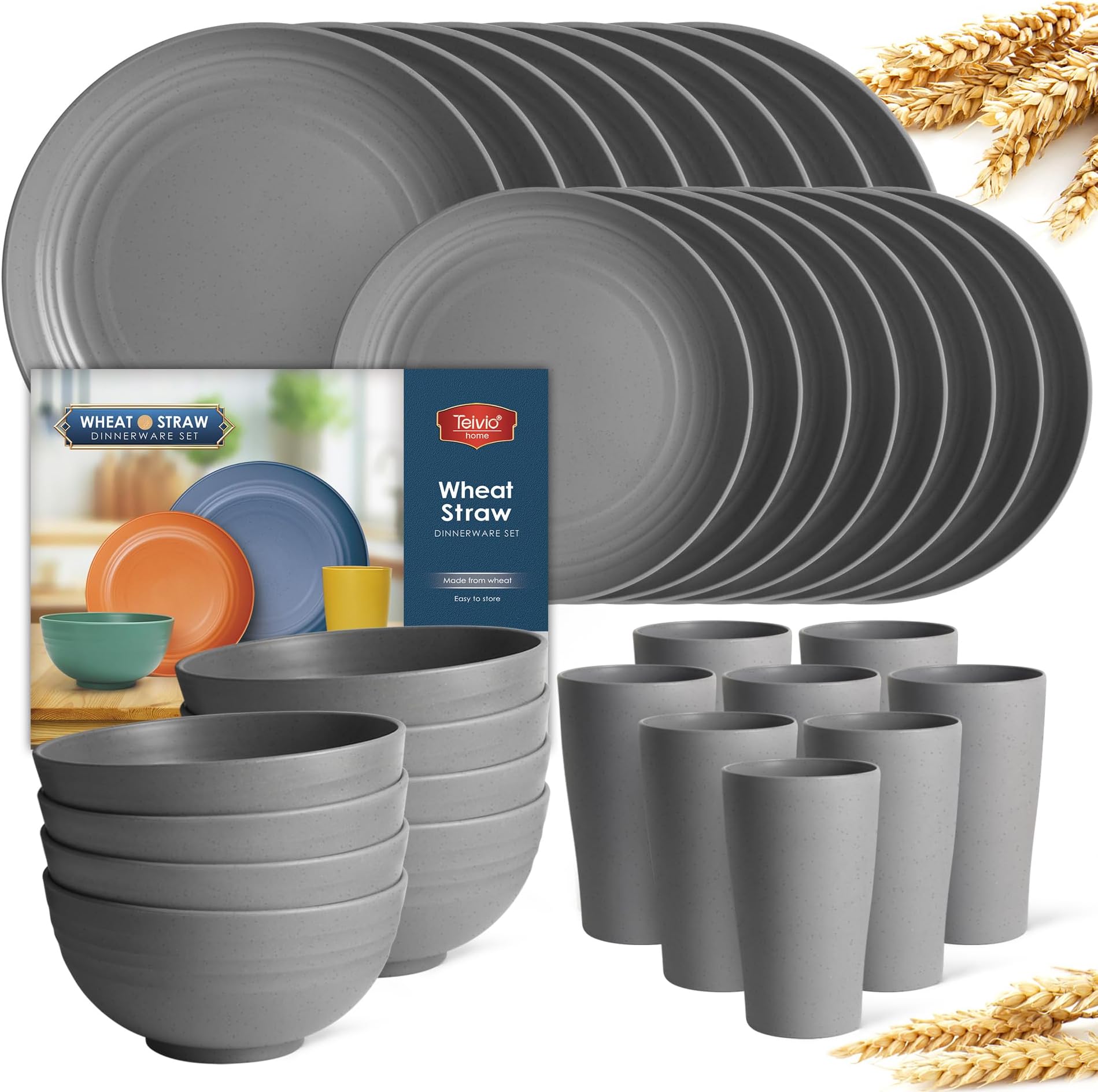 Teivio 32-Piece Kitchen Plastic Wheat Straw Dinnerware Set, Service for 8, Dinner Plates, Dessert Plate, Cereal Bowls, Cups, Unbreakable Plastic Outdoor Camping Dishes, Grey
