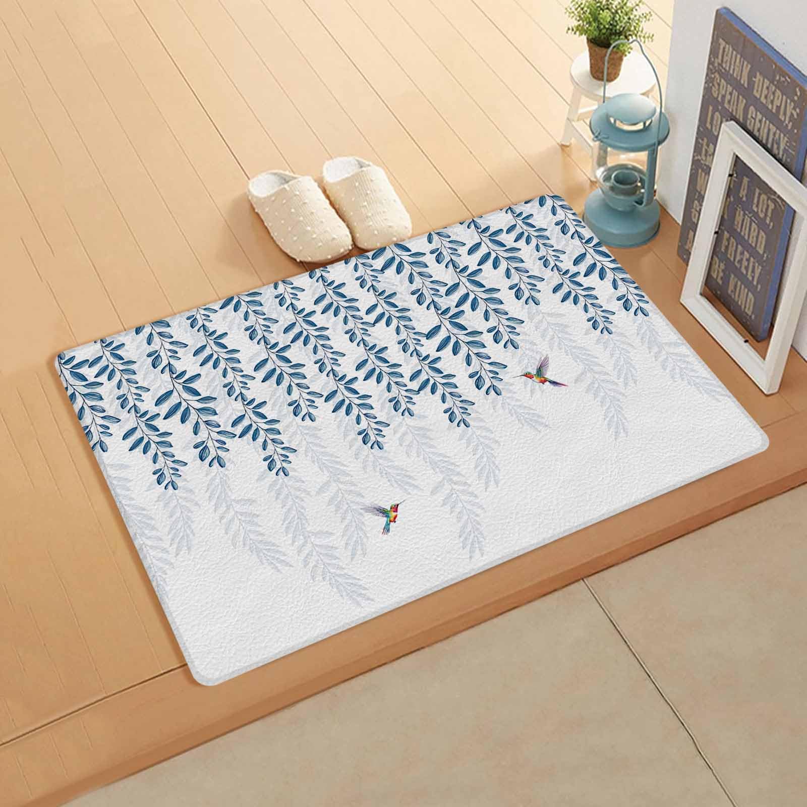 Geometric Leaves Kitchen Bath Door Mat Cushioned Runner Rug,Washable Welcome Floor Sink Antifatigue Mat,Waterproof & Non-Slip Comfort Standing Doormat,Spring Botanical Birds Modern White 18