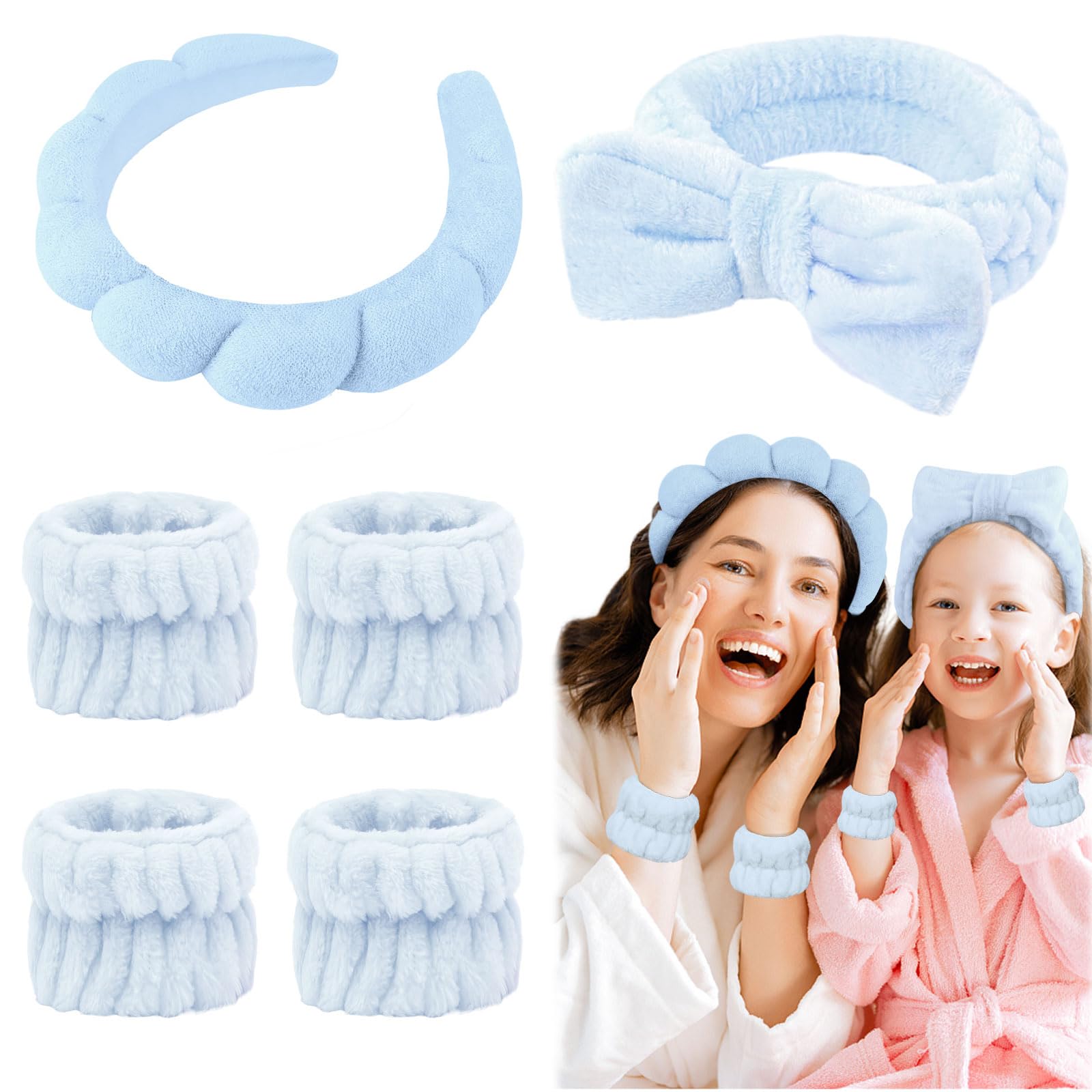 Araluky 6 Pcs Puffy Terry Cloth Headbands and Wristbands - Sponge Makeup Removal Shower Masks for Skincare and Face Washing