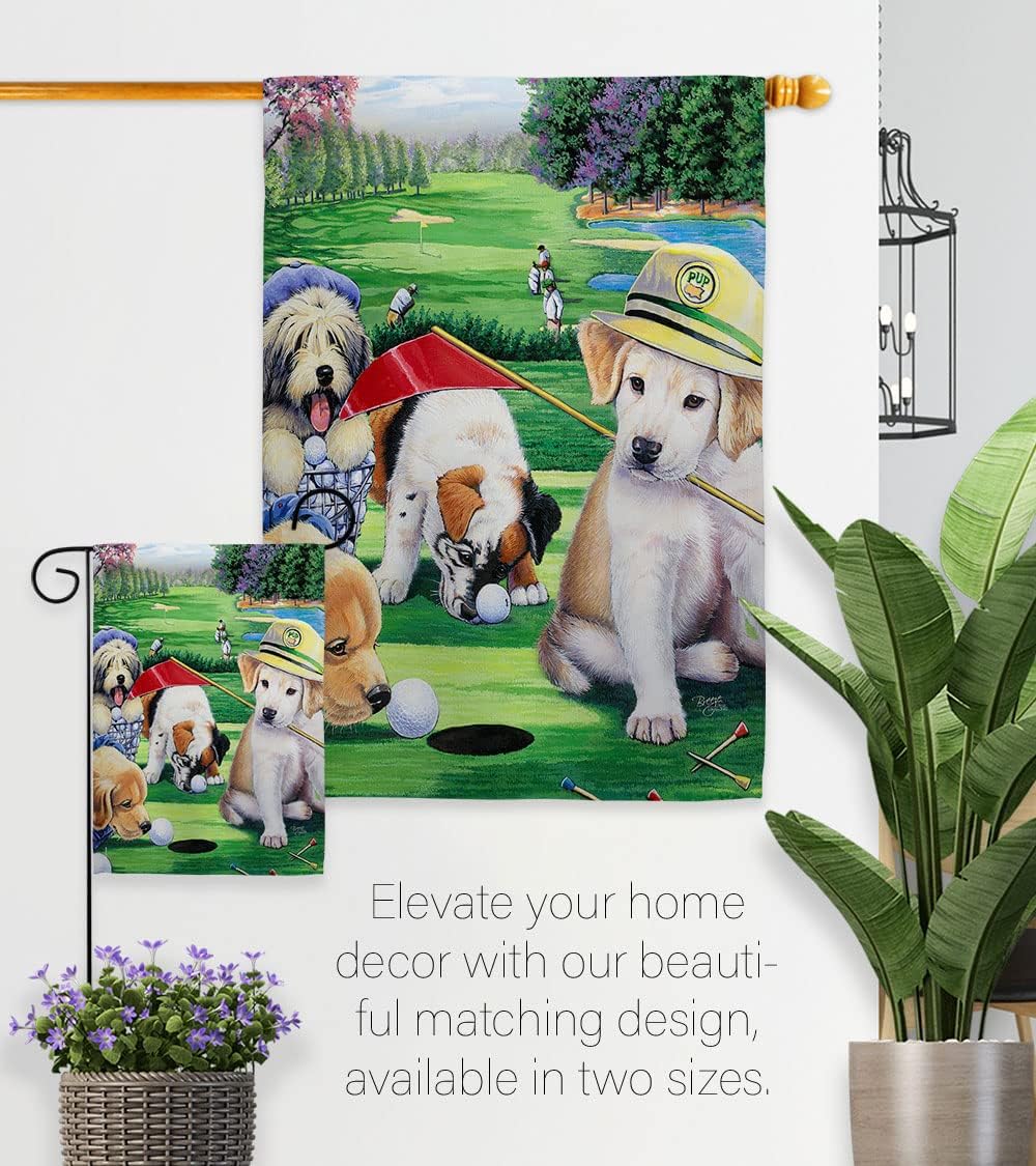 Breeze Decor - Golfing Puppies Nature - Everyday Pets Impressions Decorative Vertical House Flag 28" x 40" Printed in USA