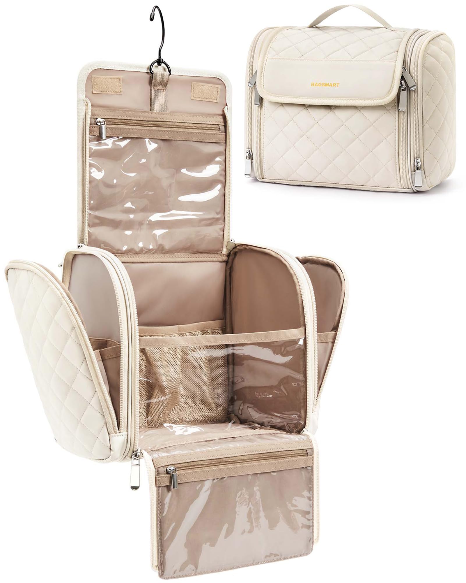 BAGSMART Toiletry Bag Travel Makeup Bag with Hanging Hook, Cosmetic Bag Make Organizer Case, Large Capacity Water-resistant Organizer for Toiletries Accessories Brushes Sponge, Beige