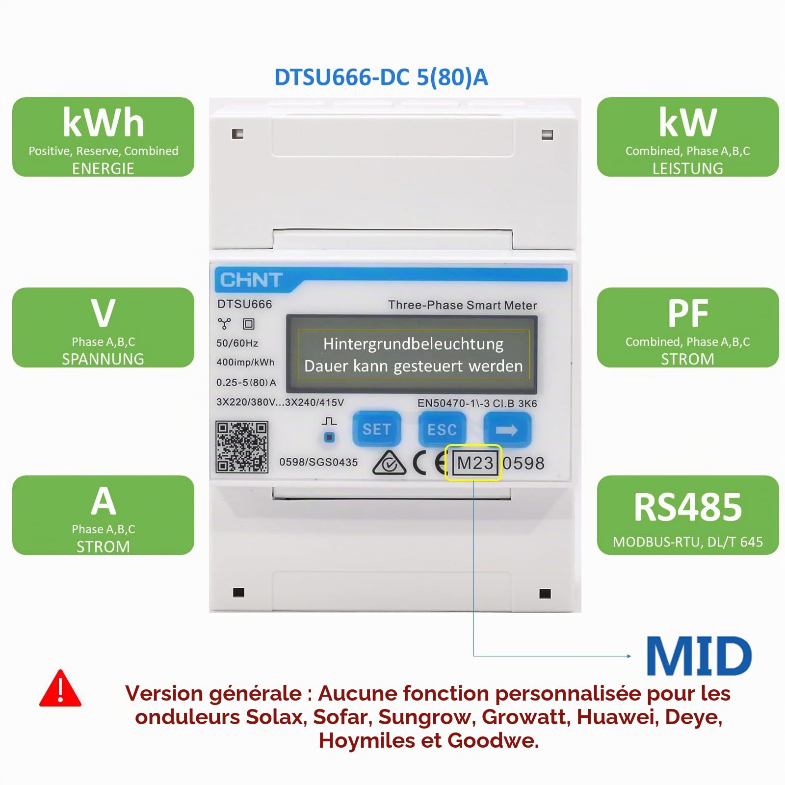 CHINT DTSU666 Compteur d'énergie électronique intelligent triphasé DIN35mm Compteur électrique 5(80) A connexion directe avec interface RS485, conforme à Modbus RTU, certificat MID