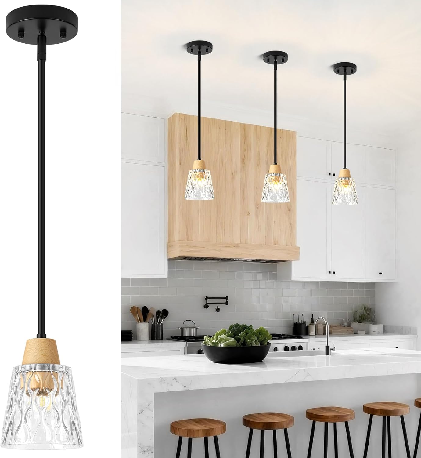 Wood Grain Pendant Lights Kitchen Island 3 Pack, Modern Mini Glass Pendant Light Fixtures with Cone Glass and Rods, Adjustable Hanging Light for Kitchen Sink Dining Room Bathroom