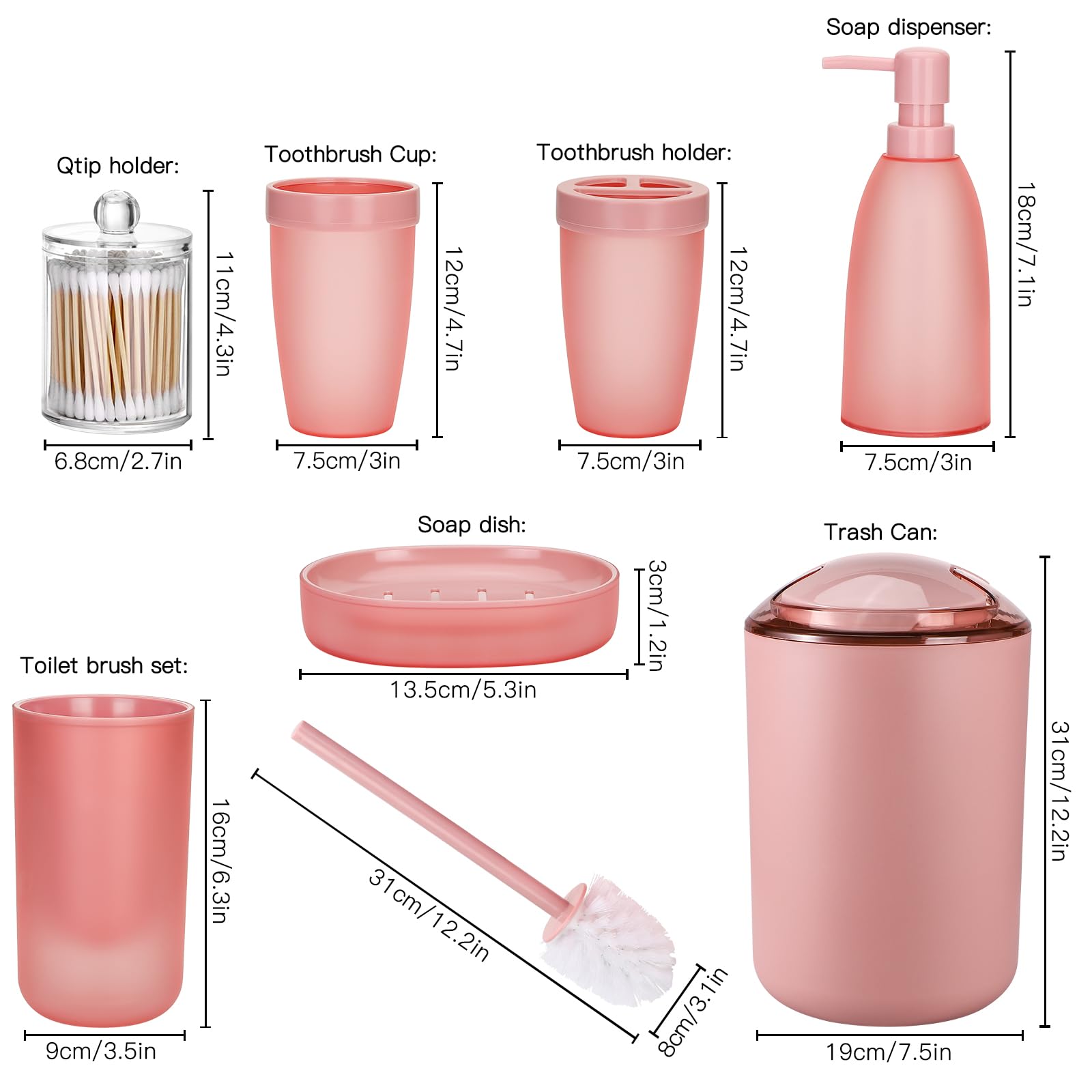 OTOSTAR Juego de Accesorios de baño de 8 Piezas, Juego de Accesorios de baño Rosa con Cubo de Basura, dispensador de jabón, Soporte para Cepillo de Dientes, Vaso, jabonera, Soporte para Cepillo de