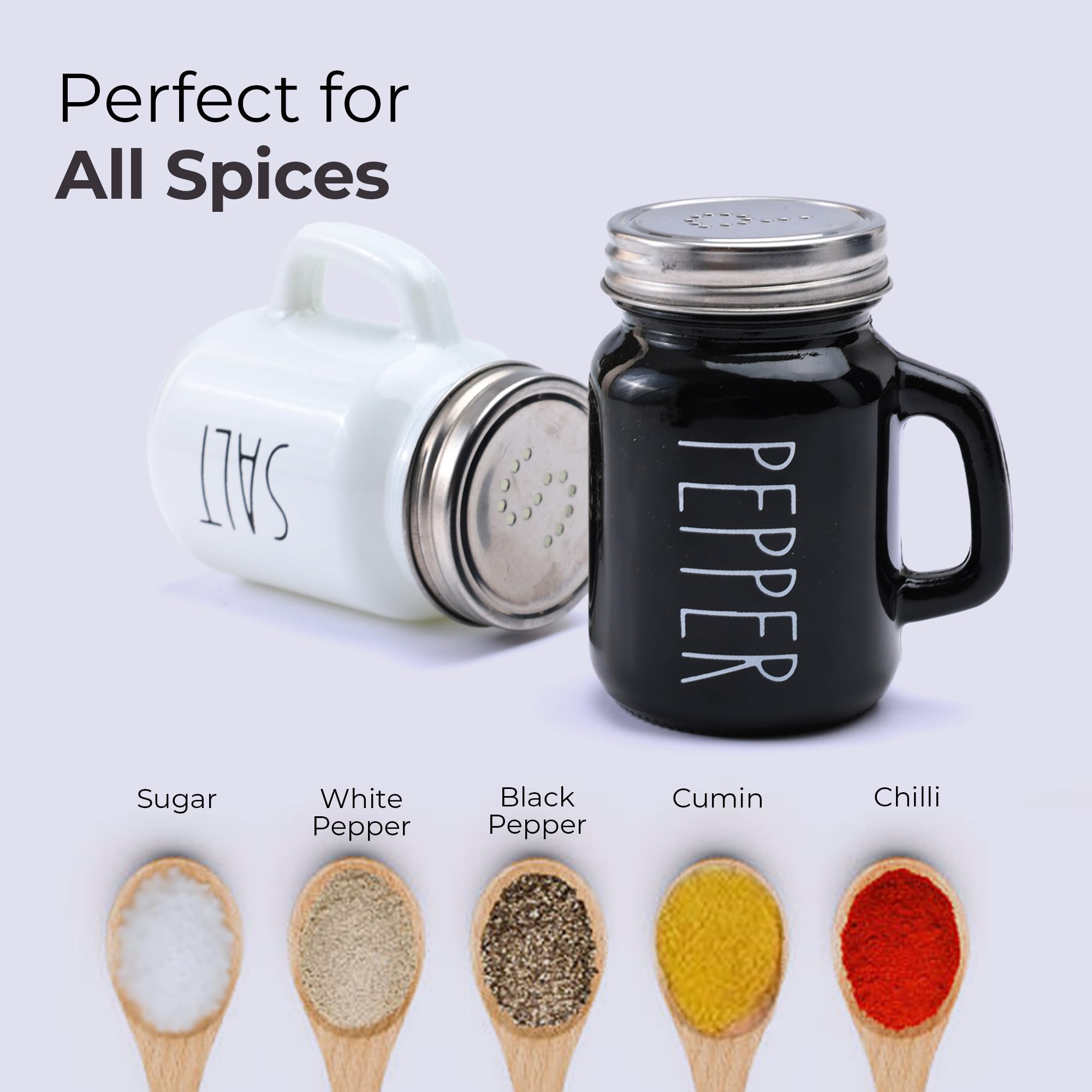 The Better Home Glass Salt & Pepper Shakers Set- Black & White | Moisture-Proof Seasoning Shakers with Handle | Perfect Pour Holes for Kitchen Dining Table Restaurant (Pack of 1) — Amazon image 4