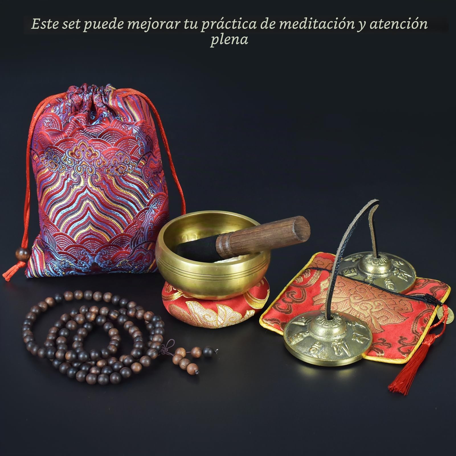 Artcome Juego de 7 piezas de meditación tibetana – Cuenco tibetano y campanas Tingsha hechas a mano en Nepal para yoga, tranquilidad, relajación y curación de chakras