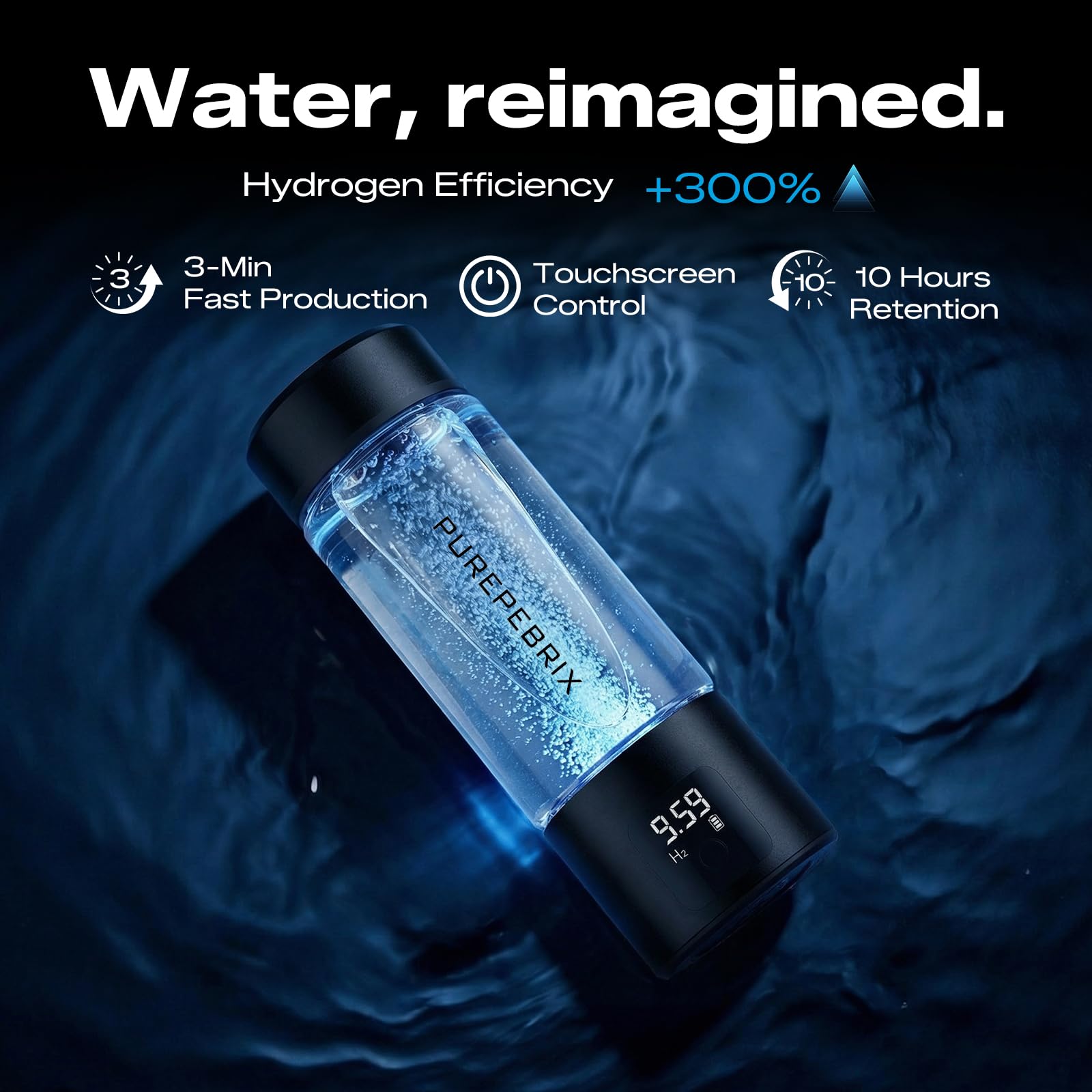 Upgraded Hydrogen Water Bottle Generator Glass, Touch Screen, Leak-Proof Lid, SPE/PEM Tech, Portable Rechargeable Hydrogen Water Bottle for Home Office Travel Fitness Drinking, 14 oz, Black