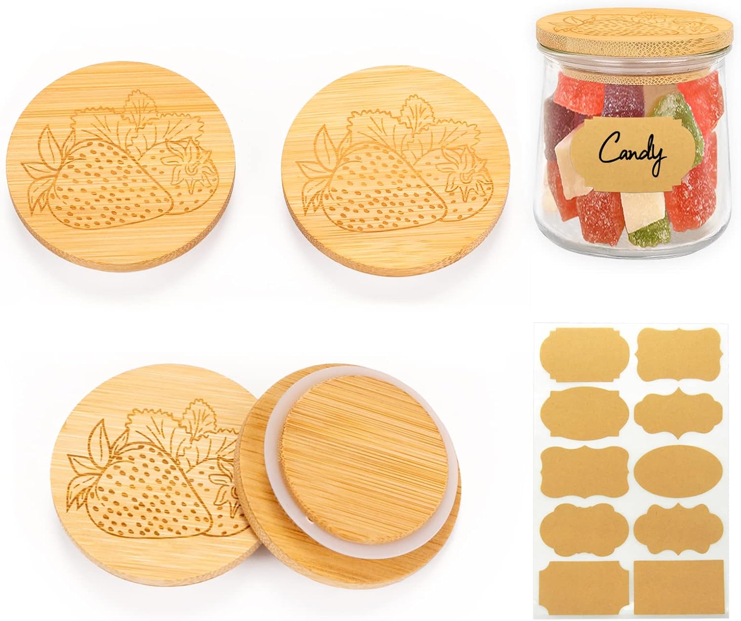 XIFEPFR Oui Yogurt Jar Lids Set 4 Pack Reusable Bamboo Wooden Lids