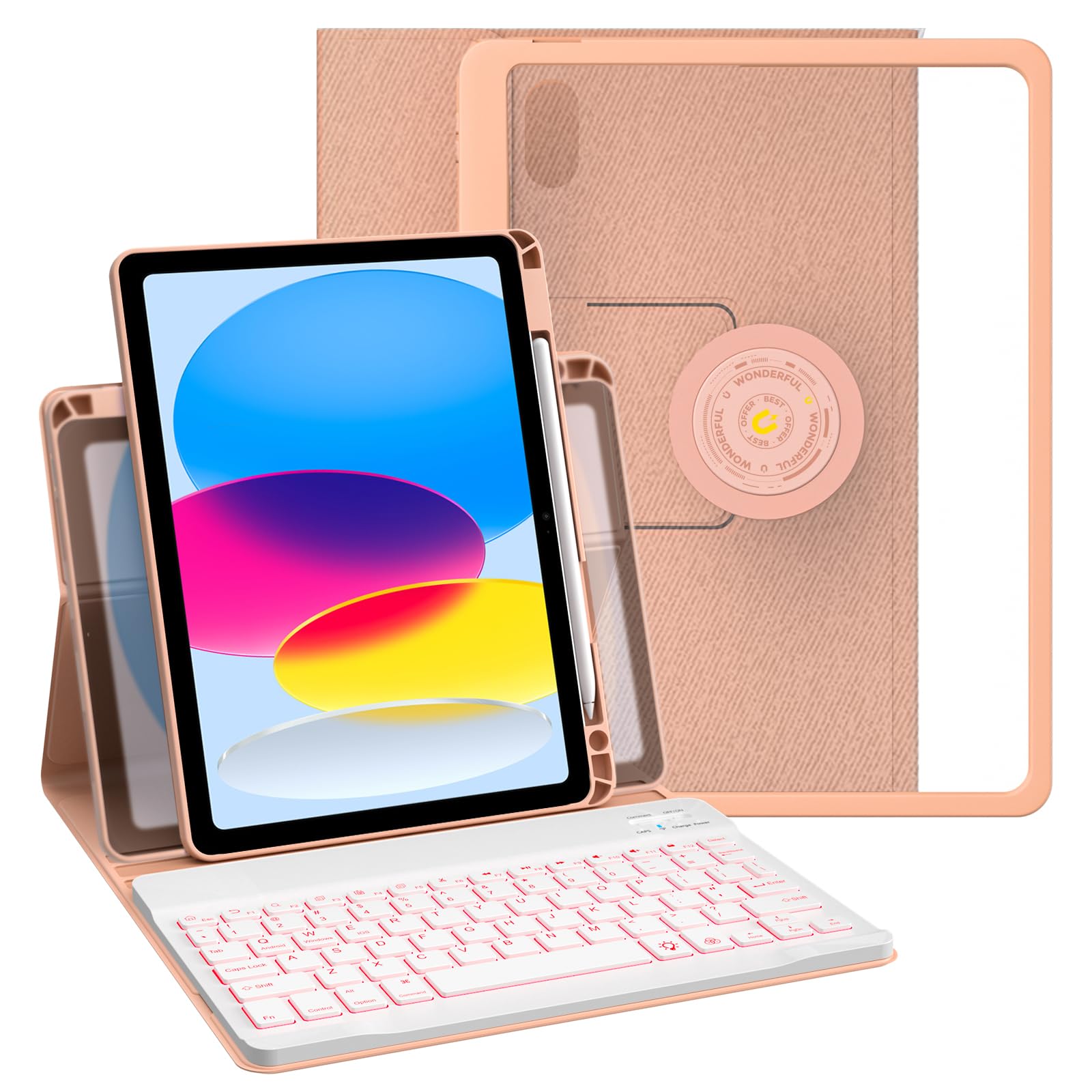 OYEEICE iPad 10th Generation Case with Keyboard, Rotating Case and Detachable Colorful Backlit Magnetic Keyboard with Pencil Holder for iPad 10th Gen 10.9" 2022