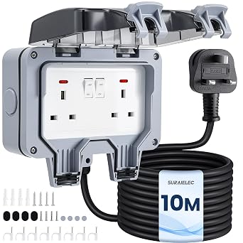 SURAIELEC Double Outdoor Weatherproof Socket with 10m Extension Lead