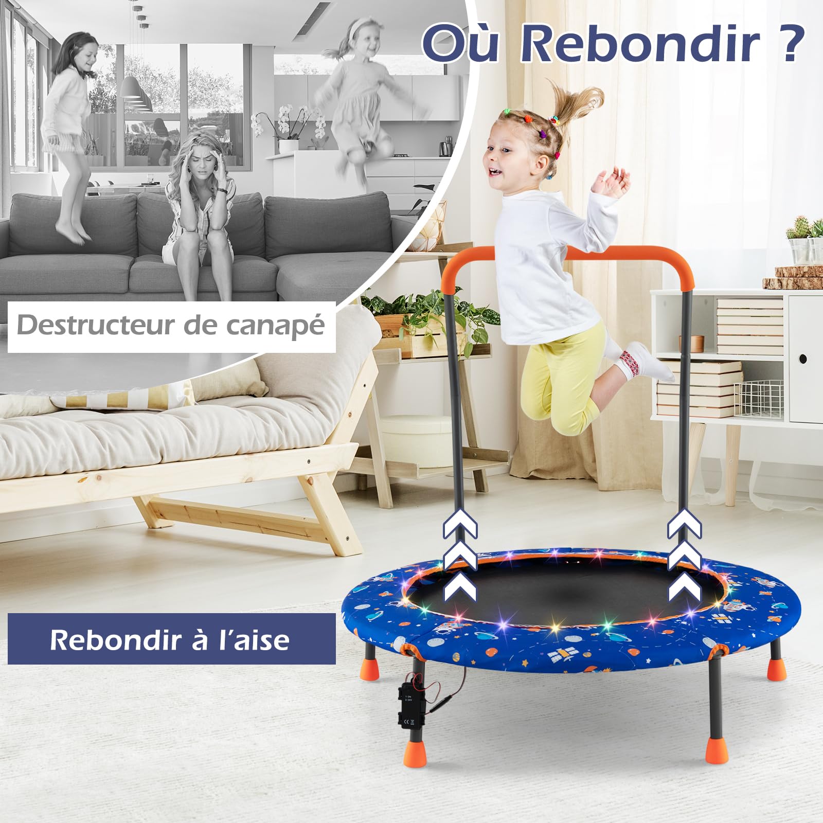 COSTWAY Trampoline Enfant Ø92CM avec 21 Lumières LED & Poignée Amovible, Mini Trampoline Exterieur Enfant avec Motif d'Astronaute & Tapis Antidérapant pour Enfant de 3-6 Ans