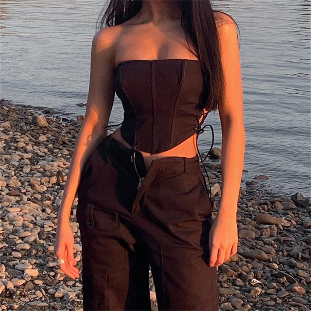 Cryptographic off Shoulder Strapless Lace Up Sexy Bustier Corset Crop Tops for Women Black Sleeveless
