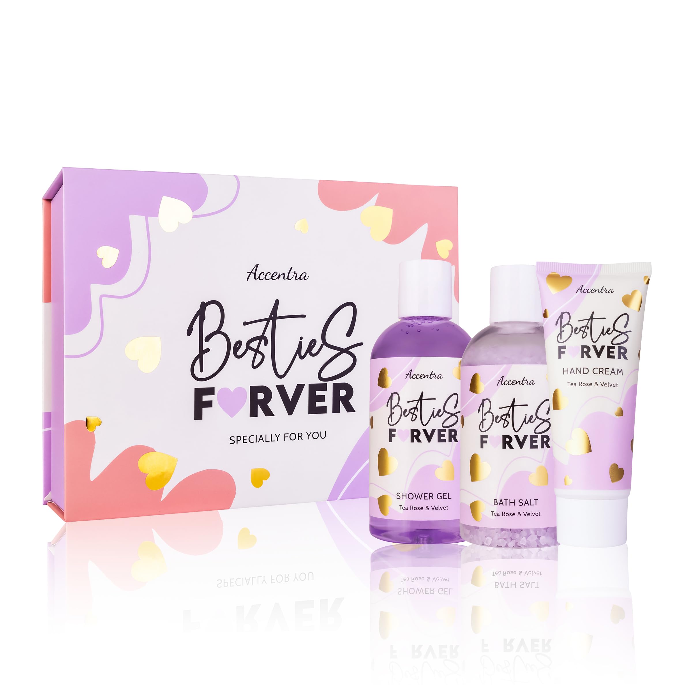 Accentra Besties Forever Bath Set in Gift Box, Wellness Gift Set for Women with 200 ml Shower Gel, 230 g Bath Salt and 75 ml Hand Cream, Tea Rose and Velvet Fragrance, Care Gift for Best Friend