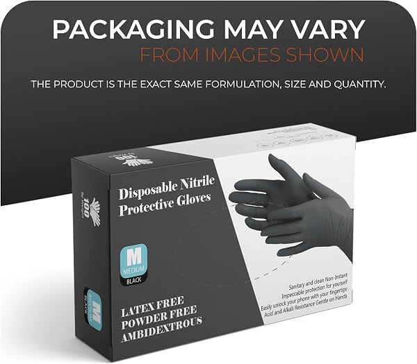 PRAIMA Black Nitrile Disposable Gloves - Latex-Free, Powder-Free, Pack of 100, Strong and Puncture-Resistant, Medical, Food Handling, Tatoo Barber Shop Gloves (Medium) - 2