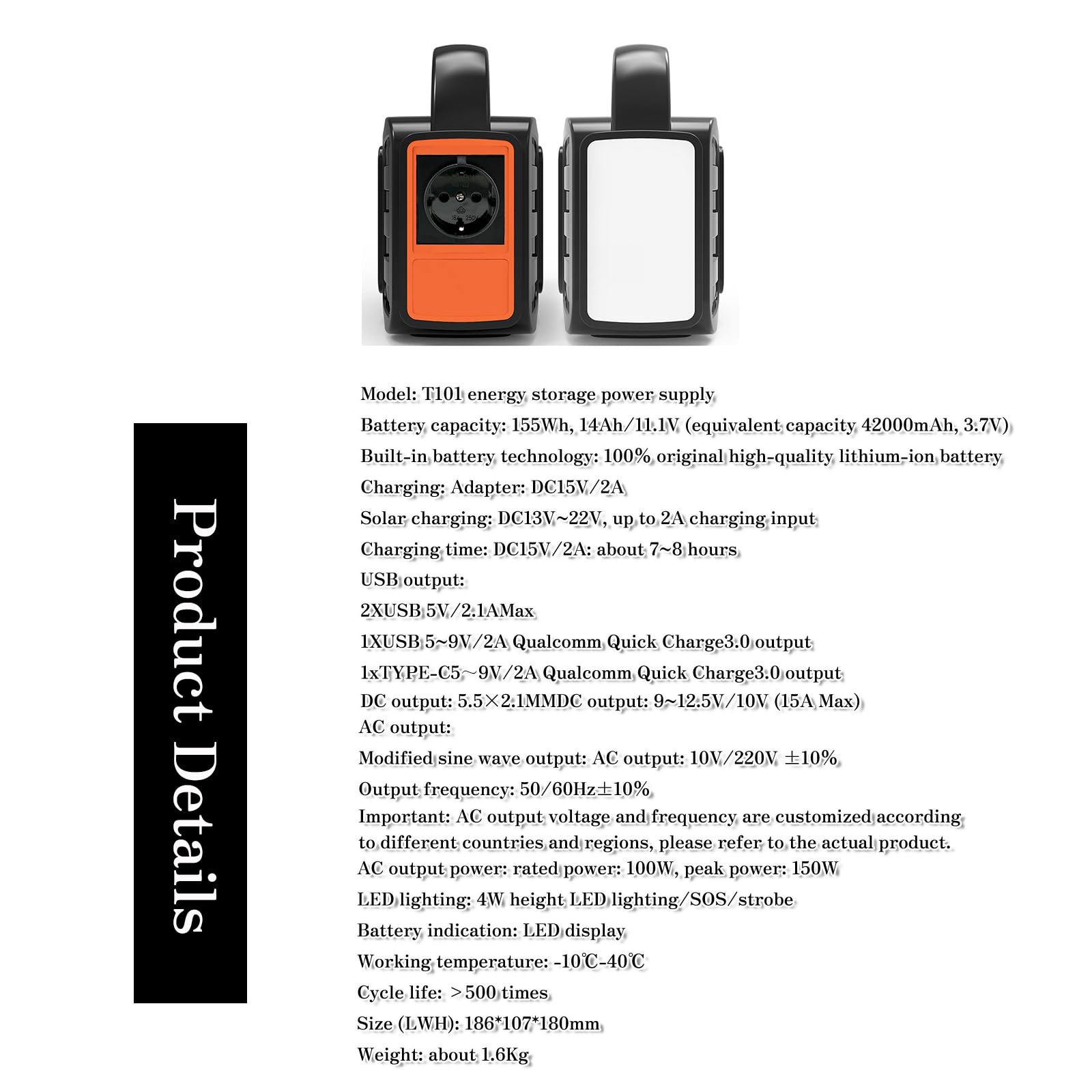 Generateur Electrique Portable, Batterie d'Appoint au Lithium de 155Wh, Onduleur à Onde Sinusoïdale Pure avec Sortie CA 220V/100W（Puissance maximale : 150 W）, Convient aux Activités en Plein Air
