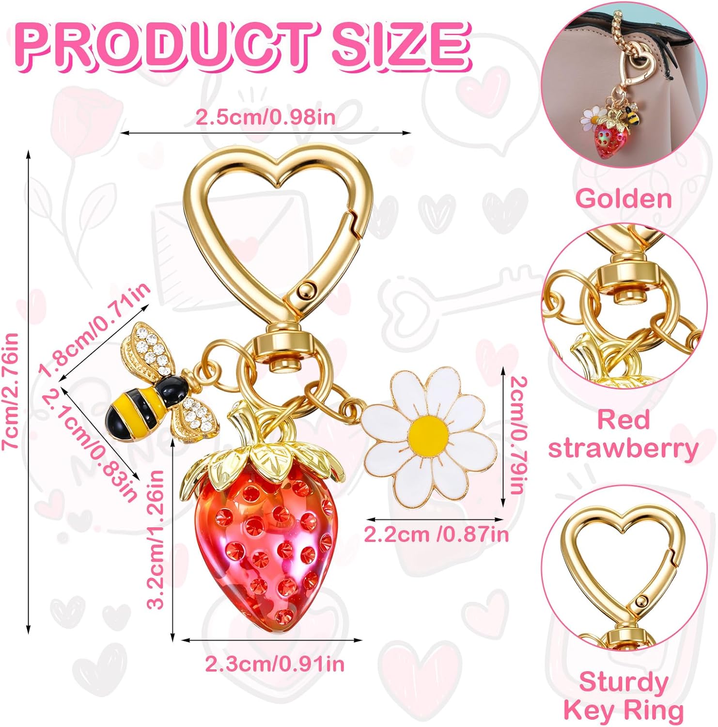 2PCS Cute Strawberry Keychain Bag Charms Purse Key Chains Accessories Charm for Women Kawaii Heart Flower Daisy Key Chains Decor for Girls Purse Gift - Image 2