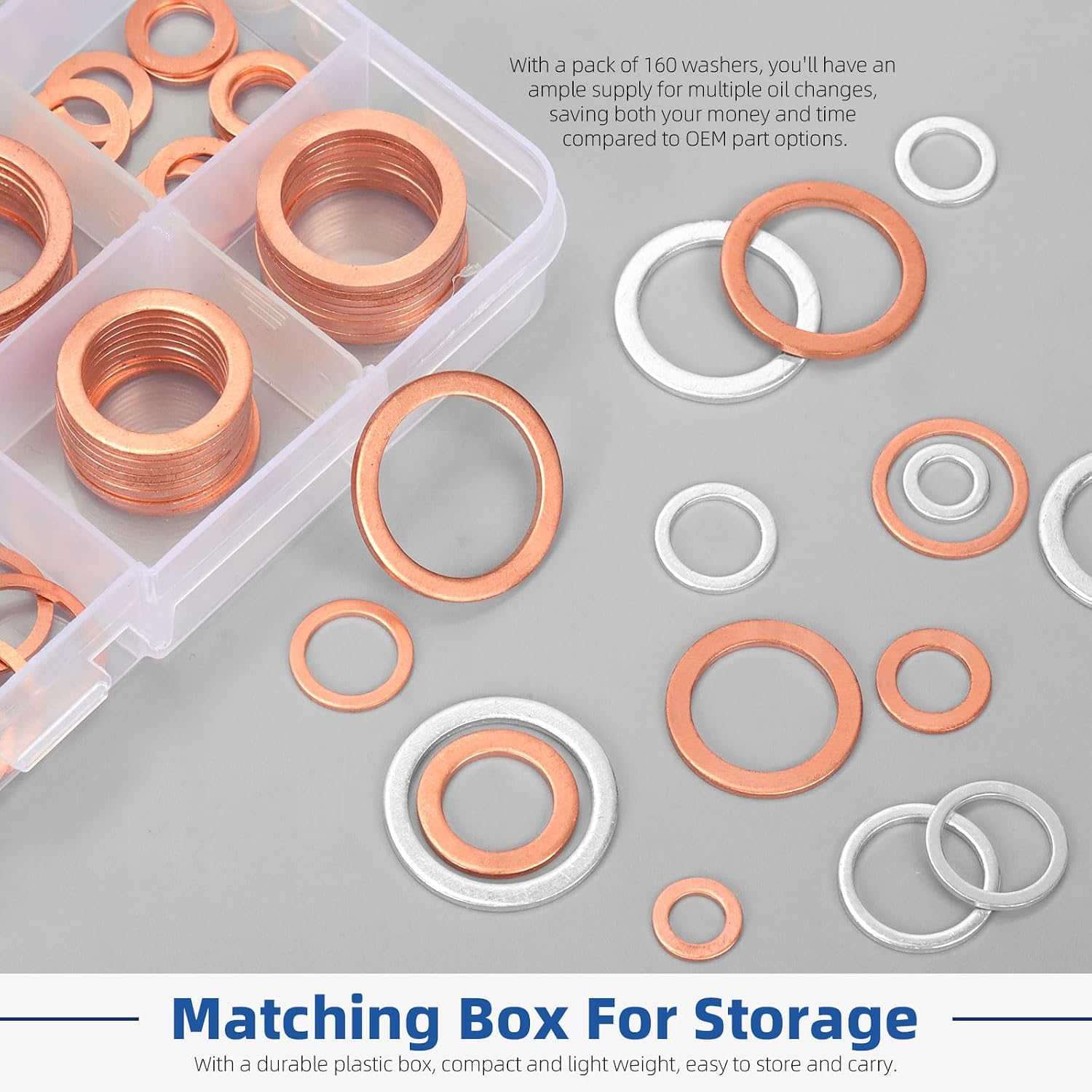Glarks 160pcs Copper & Aluminum Oil Drain Plug Crush Washer Gasket Assortment, M6 M8 M10 M12 M14 M16 M18 M20 Copper Crush Washer and Aluminum Oil Plug Gasket Set