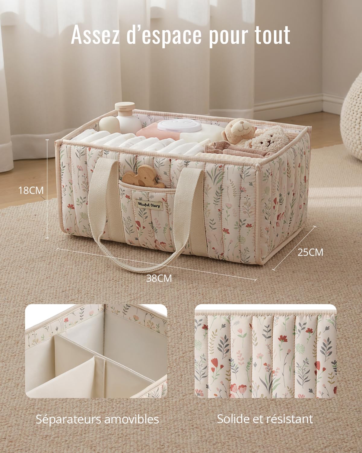 Blissful Diary Panier Rangement Bébé, Organiseur de couches pour Table à Langer, panier de rangement pour couches et lingettes pour bébé, cadeau pour fête prénatale, Fleurs Beiges