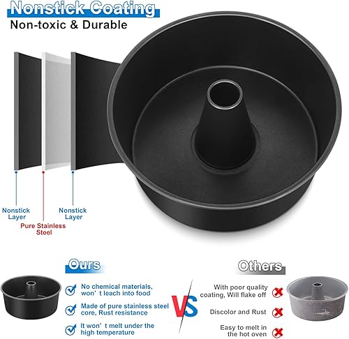 Miniatura 3 de TeamFar Molde para pastel de ángel de 10 pulgadas, revestimiento antiadherente, de acero inoxidable, con tubo, saludable y resistente, diseño hueco