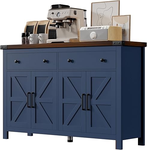 Gabinete Buffet con Almacenamiento Estilo Granja con 4 Puertas y 2 Cajones, Gabinete de Almacenamiento de Cocina Grande de 55'' Madera Azul Barra de