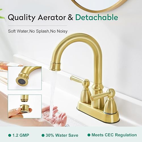 Miniatura 3 de CREA Grifos de baño de oro cepillado, grifo de baño central de 4 pulgadas, 2 agujeros, doble asa, grifos de lavabo de baño con grifo de drenaje