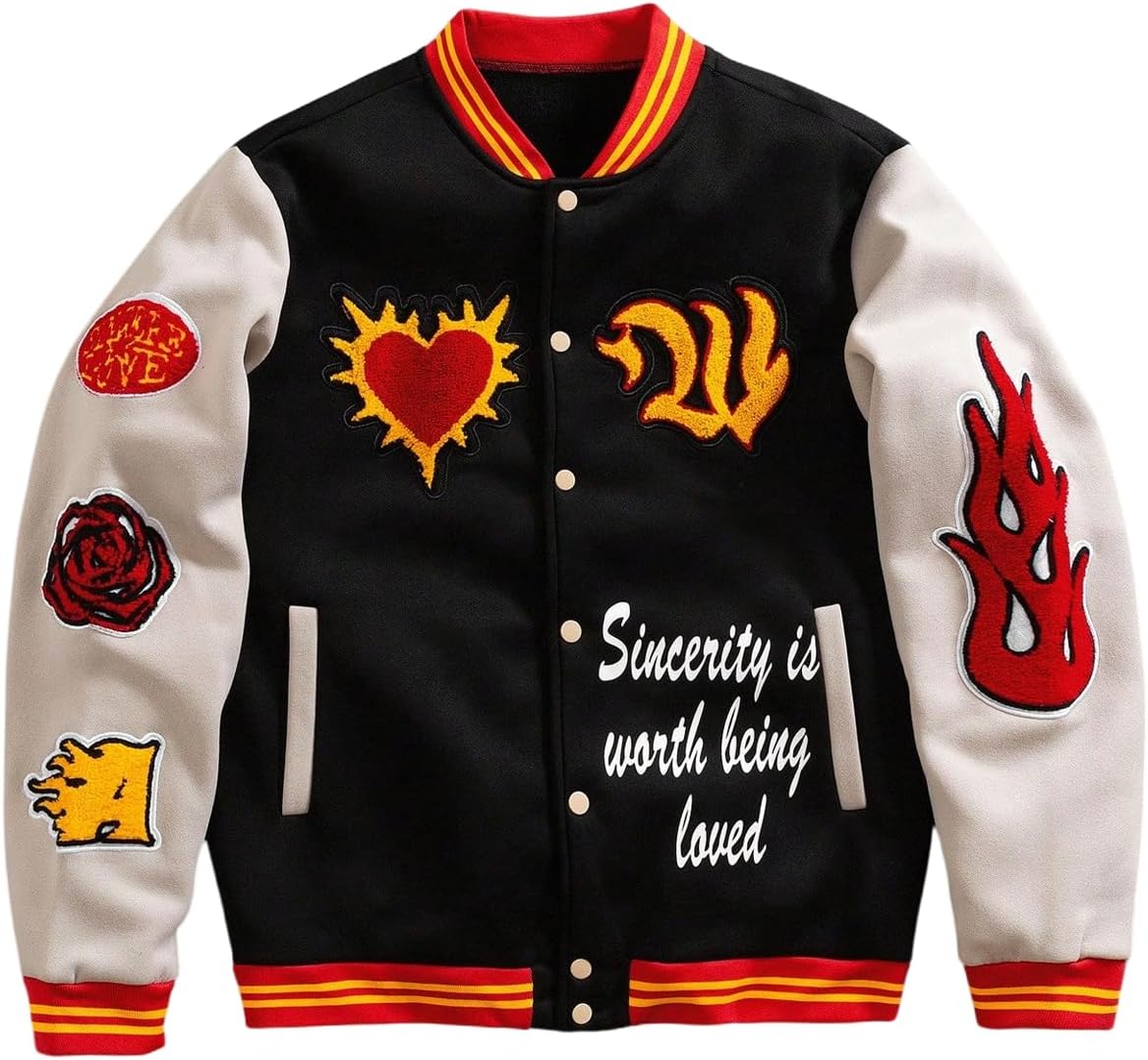 SOLY HUX Men's Letter Graphic Color Block Varsity Jacket Long Sleeve Y2k Streetwear Baseball Jacket