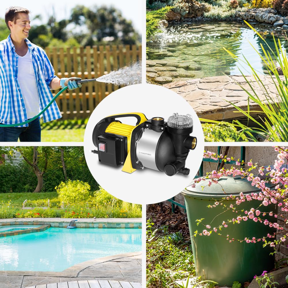 TROTEC Bomba de jardín TGP 1005 ESF – Bomba con potencia 3500 l/h, 1000 W – Presión de extracción 4,2 bar, altura de extracción 42 m, altura de aspiración 7 m, bomba de agua para barriles de lluvia,