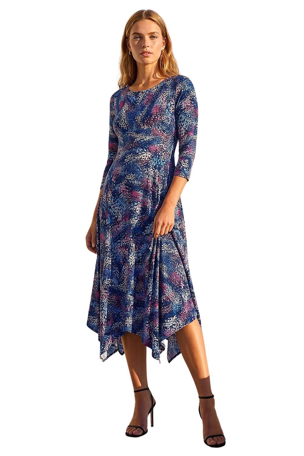 Roman Hanky Hem Swing Dress with Pockets for Women UK Ladies Asymmetric Hemline Stretch Jersey 3/4 Sleeve Winter Smart Casual Work Office Knee Length Tunics - Pink - Size 16