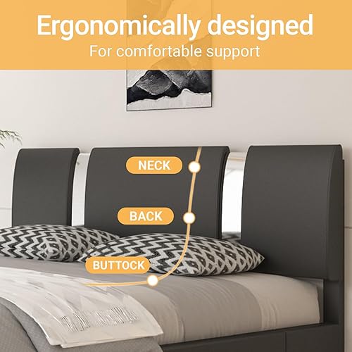 Miniatura 4 de Benevika Marco de cama tamaño Queen con decoración de piezas de hierro y piel sintética cama de plataforma moderna tapizada de lujo con soporte de