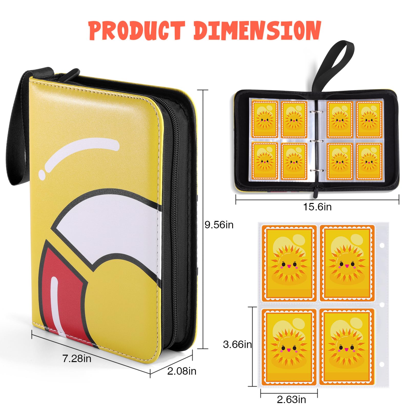 Trading Card Binder-400 Card Holder, 4 Pockets with Removable 50 Sleeves, Card Collector Album with Zipper, Portable Display Storage Holder Book for Sports Card, Game Card(Yellow)