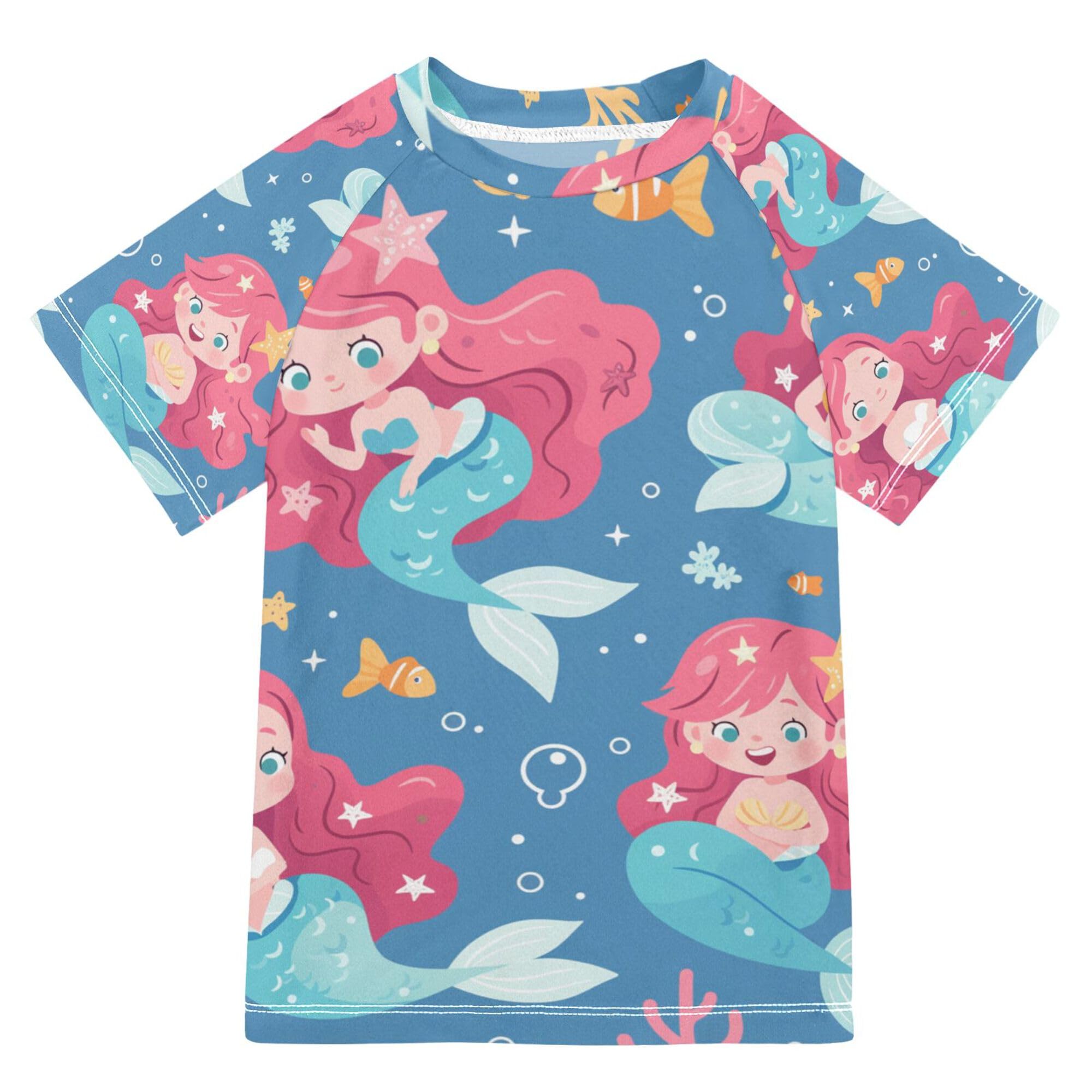 Cute Mermaid Coral Blue Bathing Suit Kids UV Protection Volleyball Shirts Swimwear Beach Tops 3T