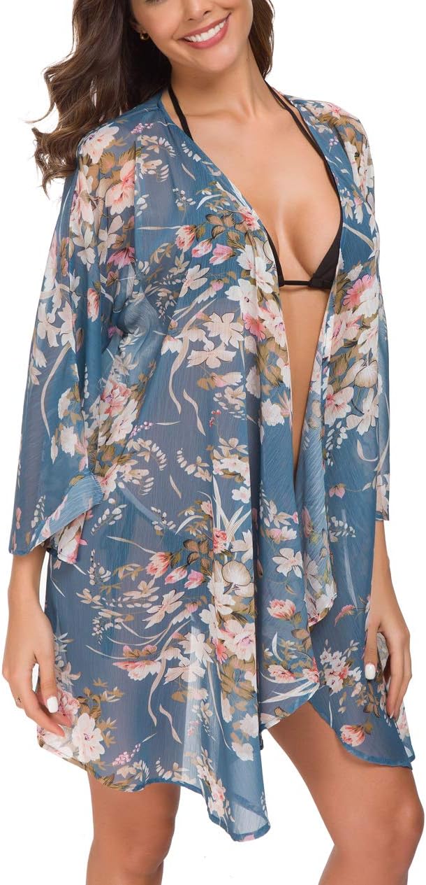 olrain Women Floral Print Bell Sleeve Kimono Cardigan Lightweight Open Front Cover Up Loungewear Cape for Summer - Image 3