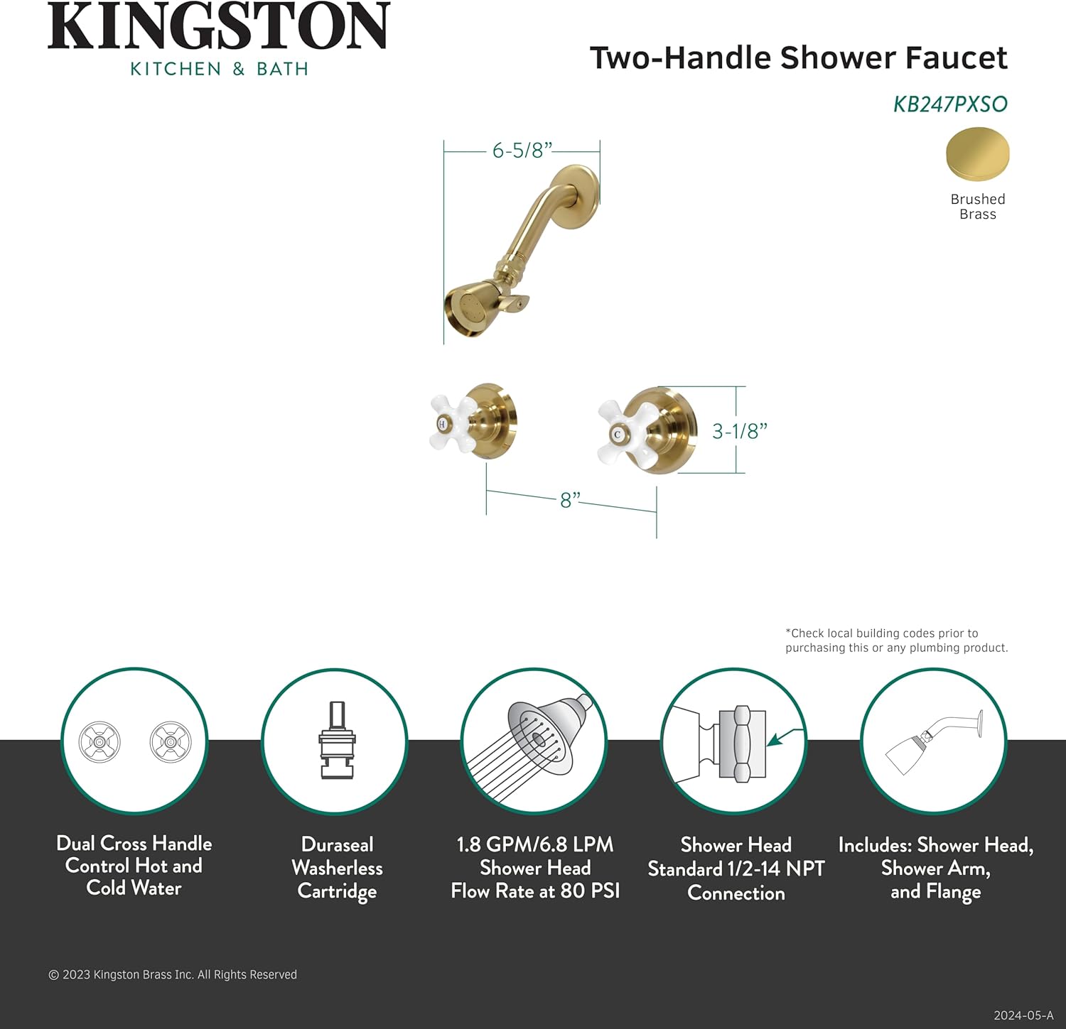Kingston Brass KB247PXSO Victorian Tub & Shower Faucet, Shower Only, Brushed Brass