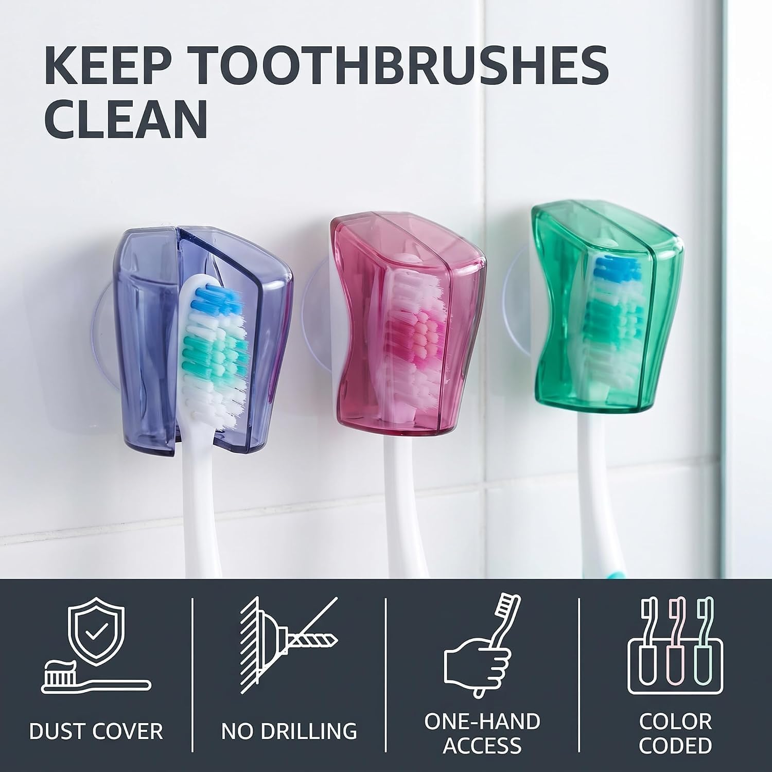 3Pcs Toothbrush Holder Travel Toothbrush Head Covers with Suction CupBathroom Wall Mount Suction Cup Rack Cap Cover for Bathroom Portable Suction Cup Toothbrush Holder （Multicolor ）