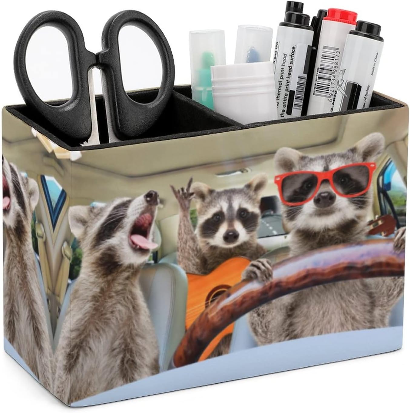 Pencil Holder for Desk, Funny Raccoon Sitting in The Car Pen Holder Storage Desktop