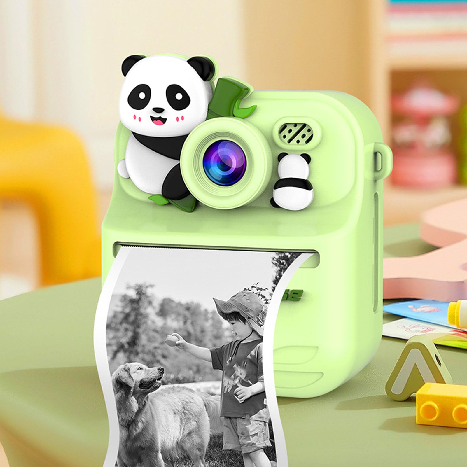 Lazmin112 Appareil Photo Instantané, Double Objectif HD, 48MP 16x Zoom Numérique, Appareil Photo Instantané 1080P Selfies, avec Papier d'impression, Filtres Autocollants, Musique (Panda Vert)