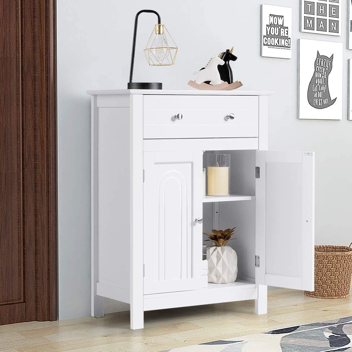 Bathroom Storage Cabinet, Free Standing Floor Cabinet with Double Door, Large Drawer and Adjustable Shelf, Ideal for Home Bathroom Living Room