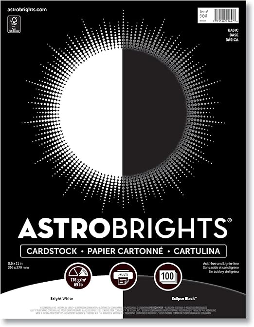 Astrobrights Cardstock, 8.5" x 11", 65 lb./176 gm, Black & White Assortment, 100 Sheets (91647)