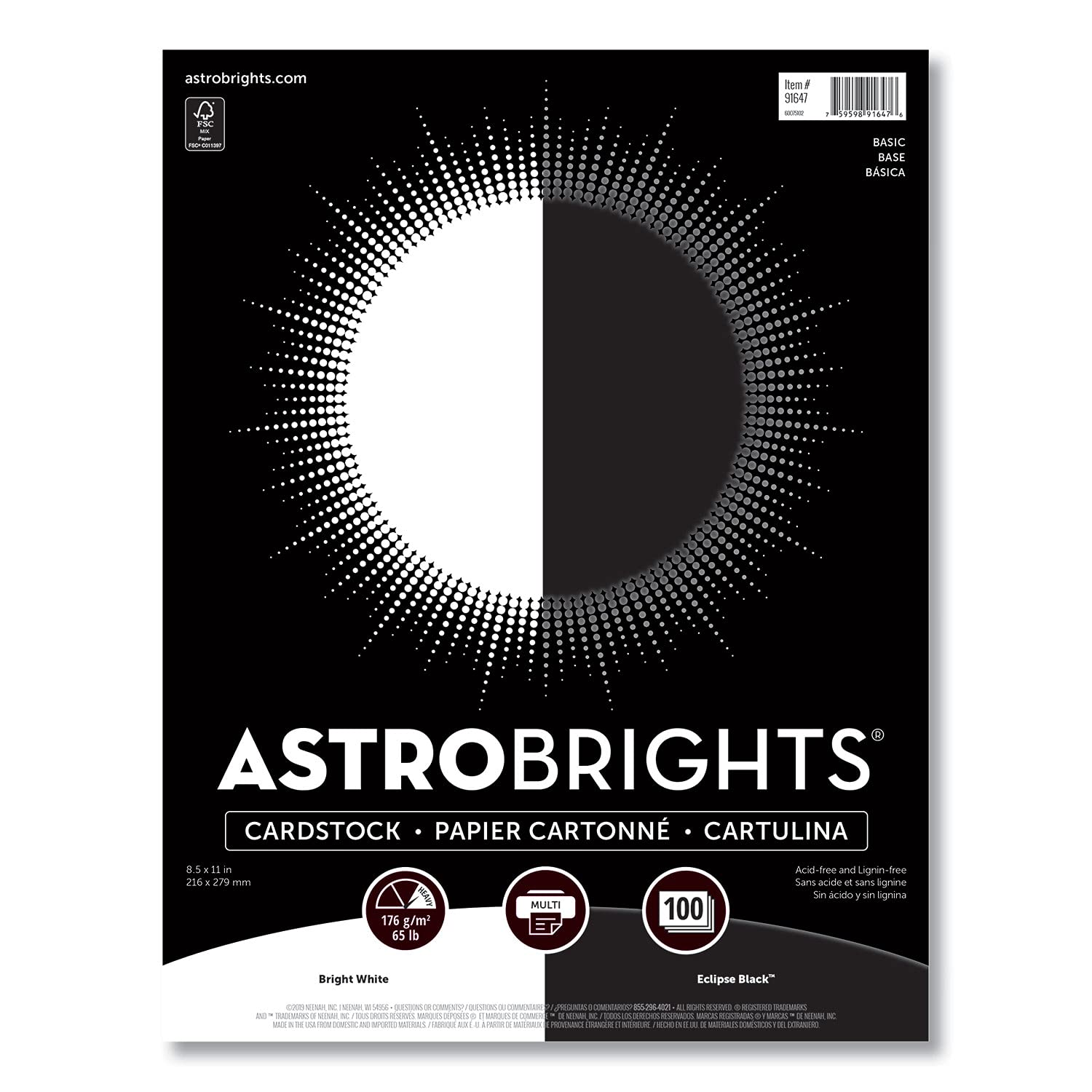 Astrobrights Cardstock, 8.5" x 11", 65 lb./176 gm, Black & White Assortment, 100 Sheets (91647)