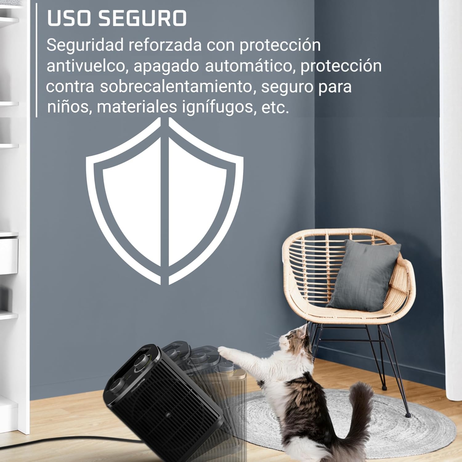 Image showing the Rowenta Intense Comfort + heater with a shield icon, illustrating its safety features including anti-tip protection.