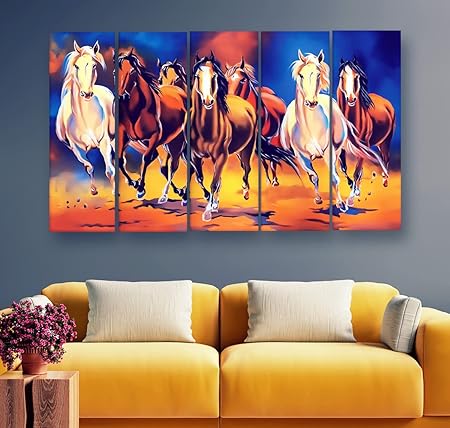 Artdira 7 Horses Vastu Prosperity Multiple Frames Wall Painting For Living Spaces, Bedroom, Hotels & Office With Sparkle Touch 7mm Hard Wooden Board (50*30 inches) AD_MFC_64
