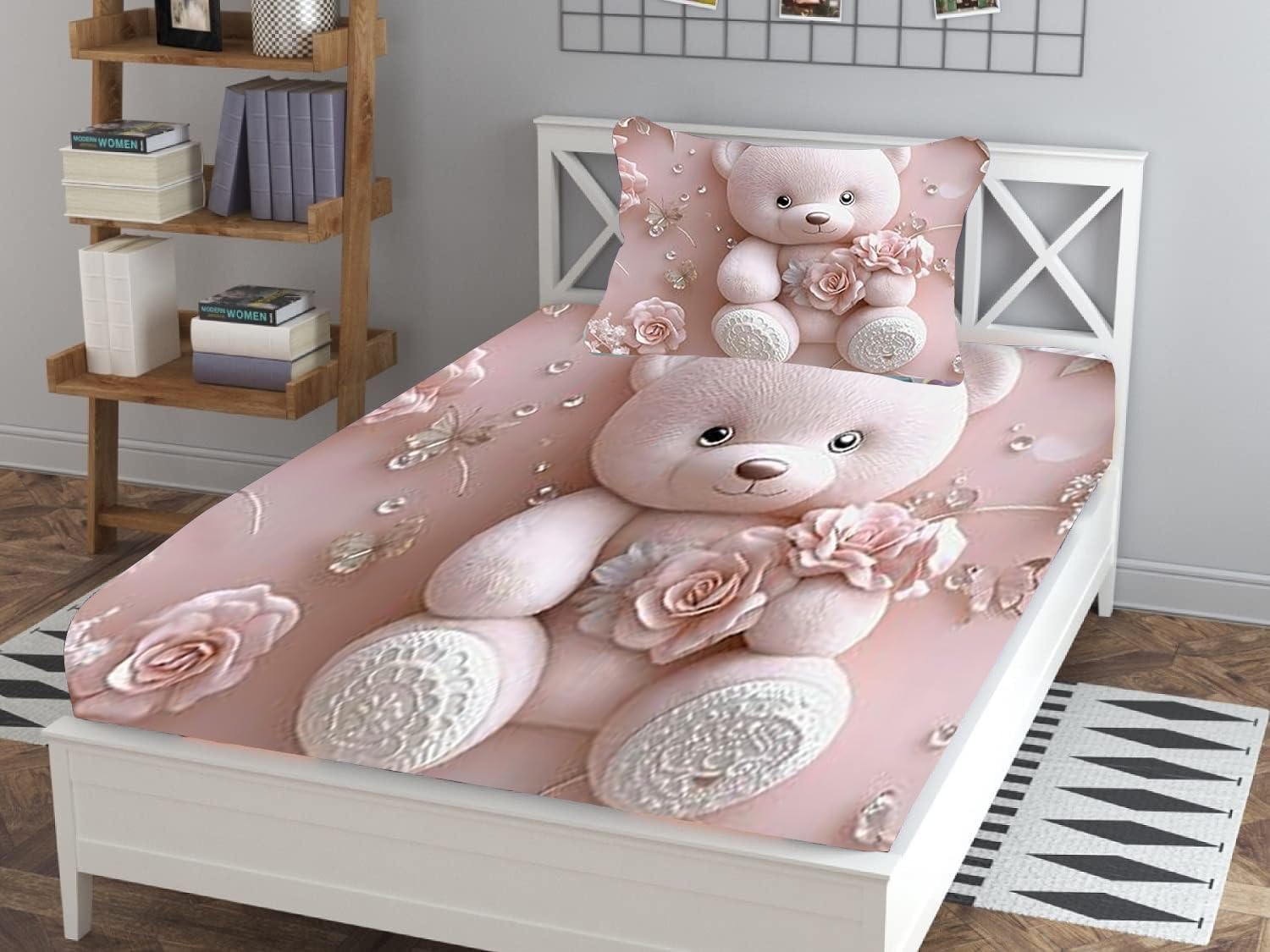Velvet 7D Digital Printing 1 Single bedsheet with 1 Pillow Cover - Peach Teddy