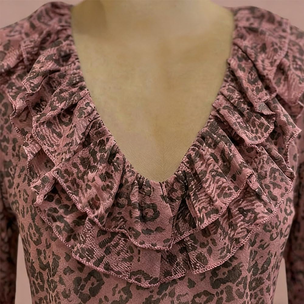 Women's Vintage Pink Leopard Print Mesh Blouse Ruffled V-Neck Long Sleeve Romantic Casual Top