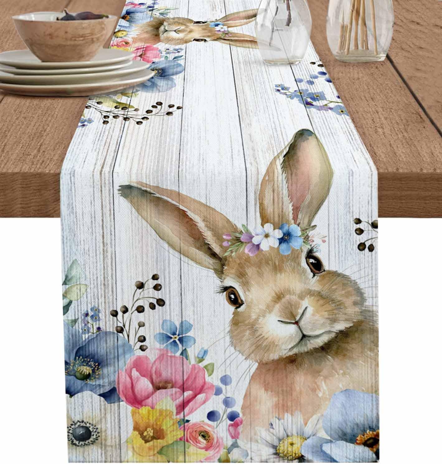 Spring Easter Table Runner 108 Inches Long for Dining Table, Washable Cotton Linen Farmhouse Table Runners Dresser Scarf for Kitchen Party Holiday Bunny Blooming Flowers Leaves Rustic Wooden