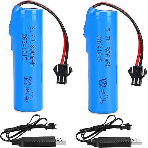 Paquete de 2 baterías recargables de iones de litio DC 3.7V 800mAh para autos de juguete, auto de acrobacias RC de doble cara, bote RC pequeño, auto