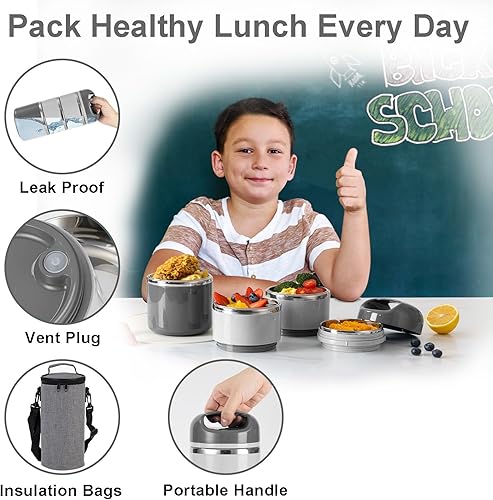 Miniatura 5 de Lille Home Lonchera de acero inoxidable de 3 capas de 1.43L - A prueba de fugas, sin BPA, caja Bento aislada para preparación de comidas sobre la