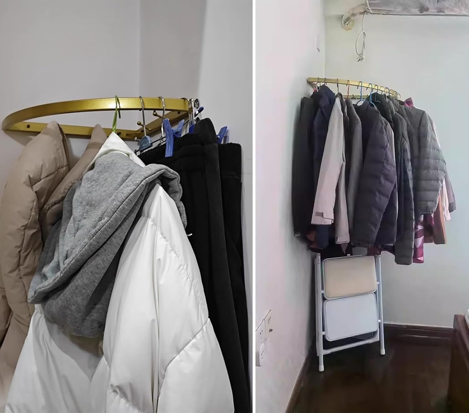 Closet Rod Corner Closet Rail Support Pole, Wall Mount Right Angle Wardrobes Rod Holder, Hanging Clothes Organizer Rack, 30/40/50/60 Cm Coat Hanger Bar Hooks(Gold,50cm(19 3/4"))