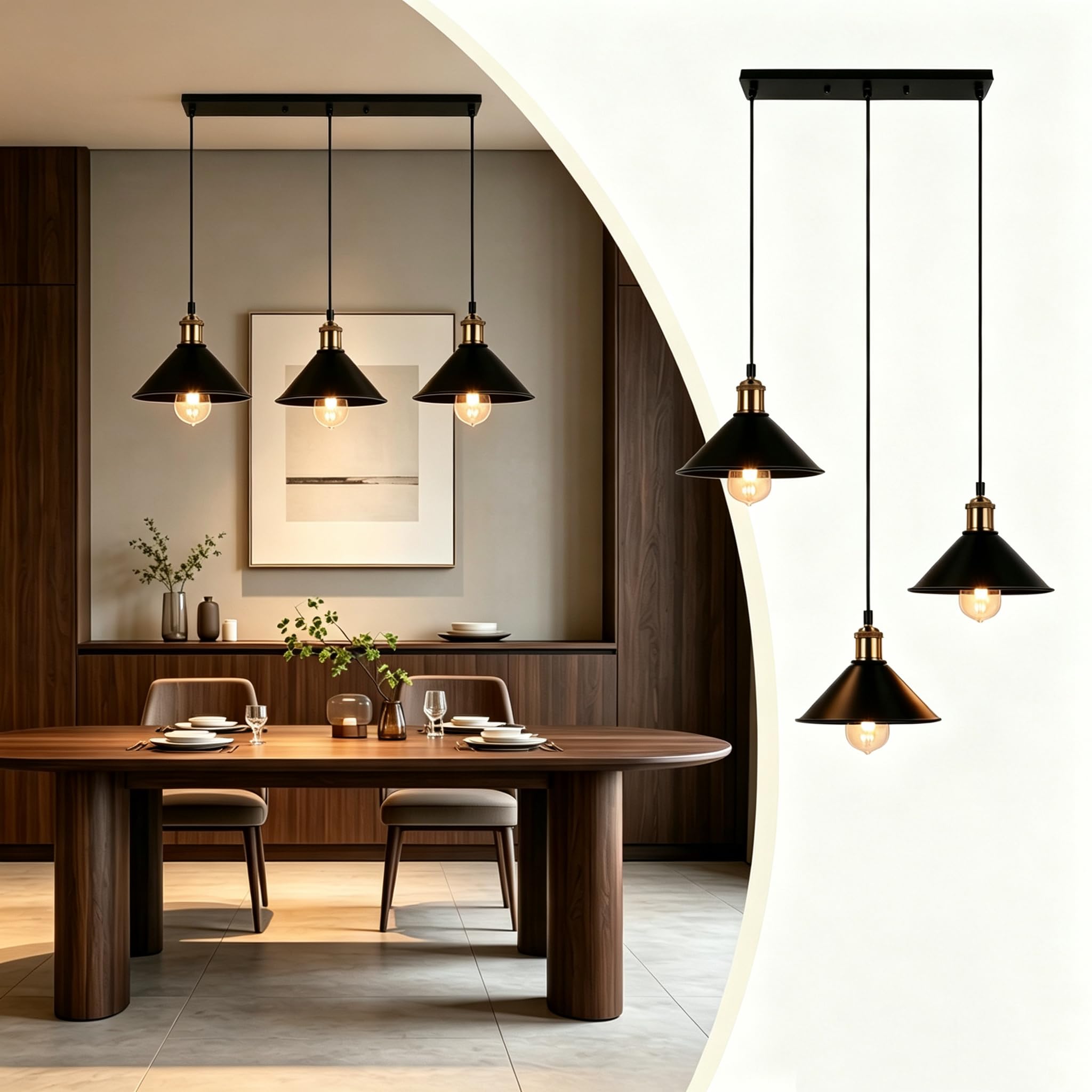 FIRVRE Kitchen Light Shade 3 Light, Industrial Ceiling Lights with Black and Gold Lampshade, Adjustable Cable, Metal Pendant Light Shade for Kitchen Island Dining Room Cafe — image 1