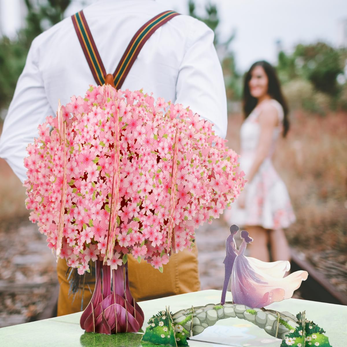 Pop Up Anniversary Card, Valentines Day Card for Wife Husband Him Her, 3D Cherry Blossom Bridge with Couple, Romantic Greeting Cards for Valentines, Anniversary, Birthday, Wedding, 6x8 inch - Image 4