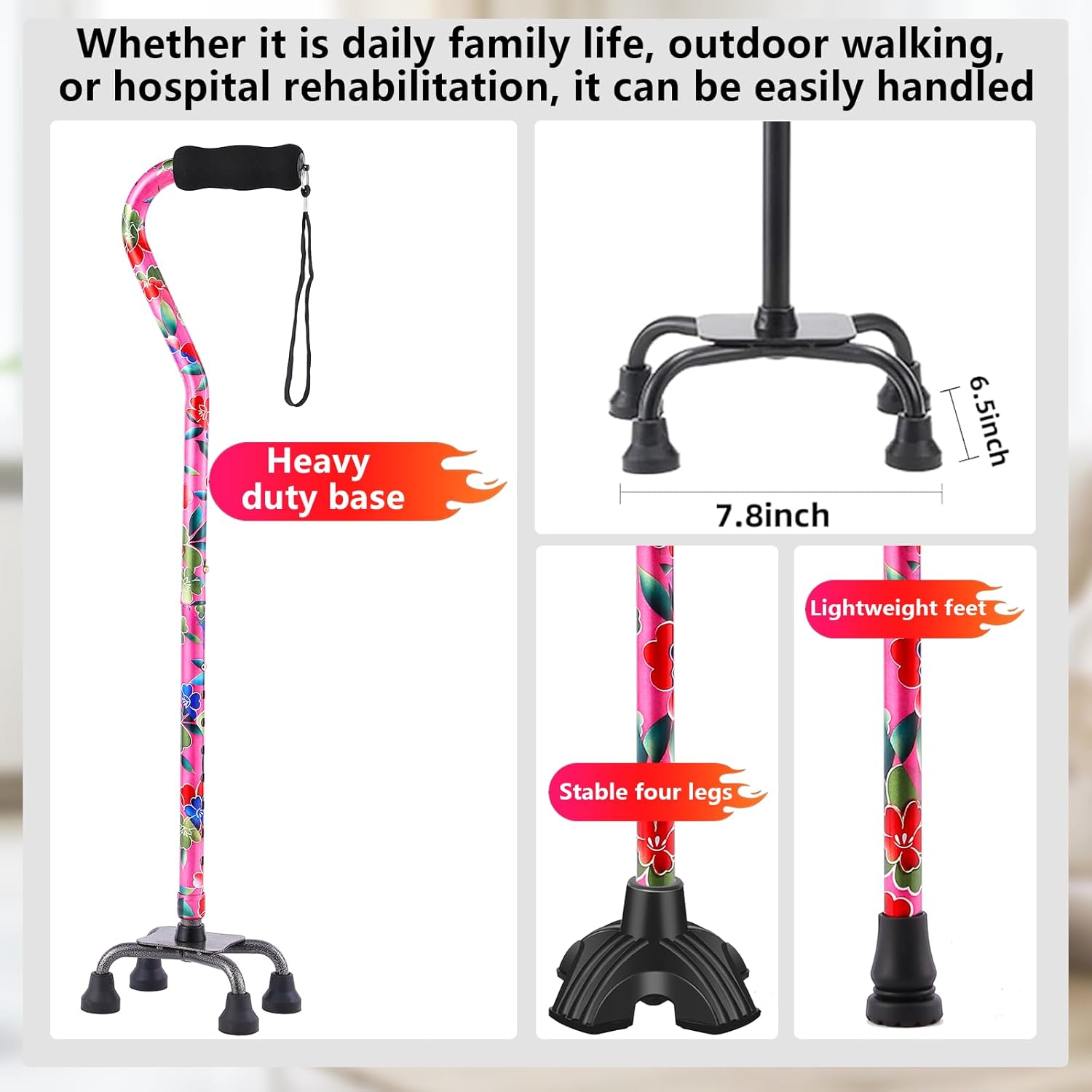 Floral Quad Cane for Women, Adjustable Walking Canes with 3-in-1 Interchangeable Base(3 Tips) for Versatile Support, Stylish & Stable Mobility Aid for Seniors Confidence